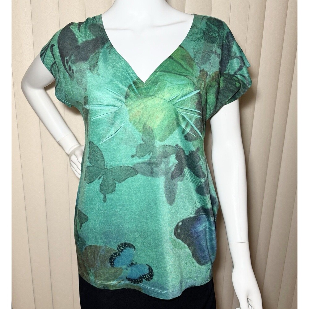 Cato Women’s Small Green Butterfly Print Ruched Empire Waist V Neck Top